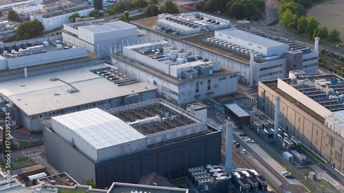 Datacenter exterior building. Big data, machine learnings, AI, and cloud ocmputing on industrial scale.