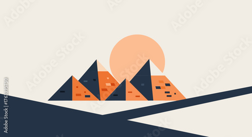 Minimalist desert landscape with pyramids and a setting sun.
