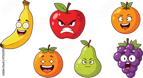 Animated fruit characters expressing range of emotions from joy to anger and surprise