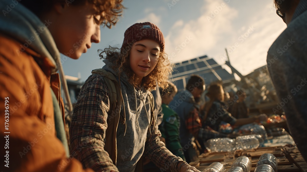 Fototapeta premium A diverse group of young volunteers sorting recycled bottles in an urban community.