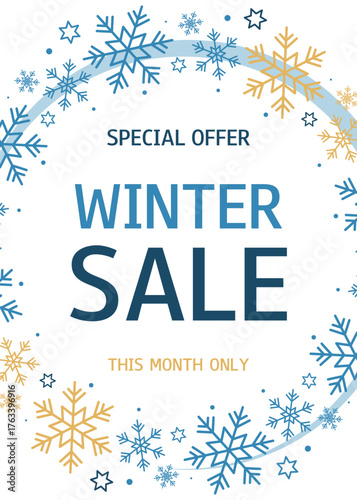 Winter Sale vertical background with snowflakes. Special Offer. This month only. Template for design, banner, flyer, poster.