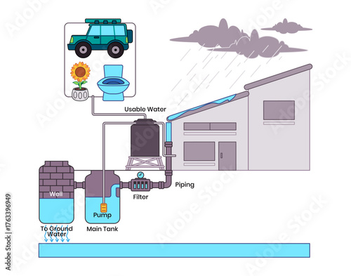 Diagram illustrating residential rainwater harvesting system collection to main tank pump filter and piping water conservation and sustainability concept