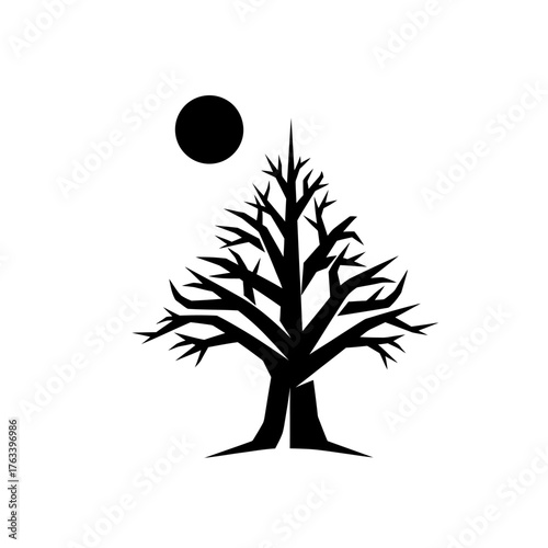 Bare Tree Silhouette with Full Moon on White Background.