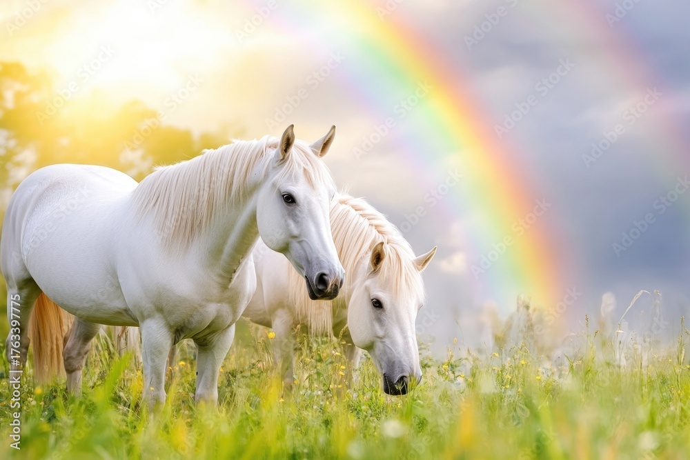 Obraz premium Majestic unicorn trio under a magical forest rainbow