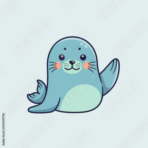 Cute Cartoon Seal Waving Hello on a Light Blue Background.