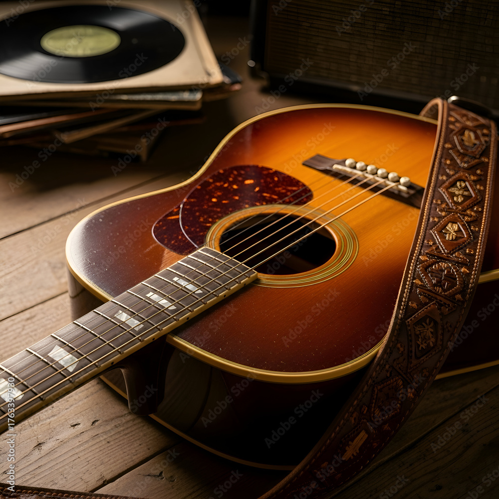 Obraz premium Classic Acoustic Guitar Vinyl Records Retro Music Instruments