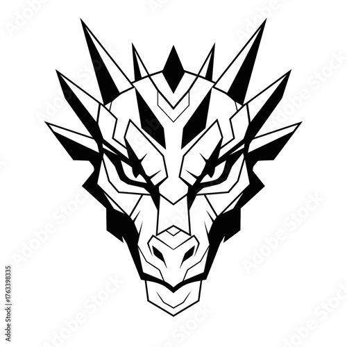 Geometric Dragon Head Vector Illustration in Black and White.