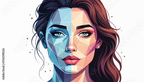 Woman's face with artificial intelligence concept. Low poly geometric vector illustration. Facial recognition and biometrics technology design