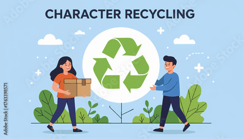 People recycling a cardboard box vector illustration. Flat design characters promoting environmental sustainability. Eco-friendly concept with green recycling symbol