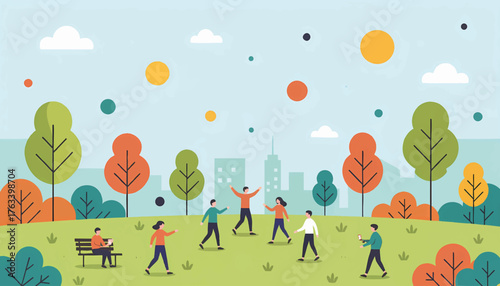 Diverse people enjoying a day in a city park. Community and outdoor recreation concept. Modern flat design vector illustration of an urban landscape
