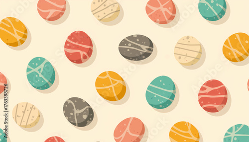 Seamless pattern with decorative Easter eggs. Flat cartoon vector illustration with a retro color palette. Holiday background for spring celebration