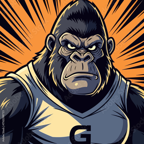 Intense Gorilla Mascot in Sports Jersey with Dynamic Background.