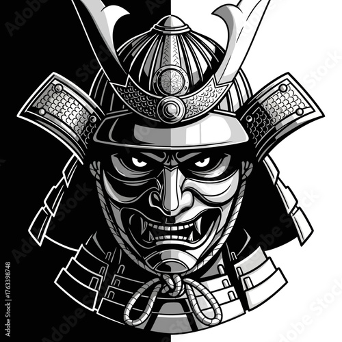 Intense Samurai Mask and Helmet in Black and White.