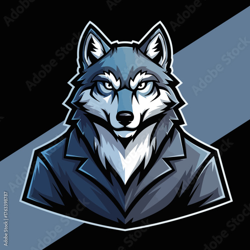 Intense Wolf Mascot in Suit with Piercing Gaze.