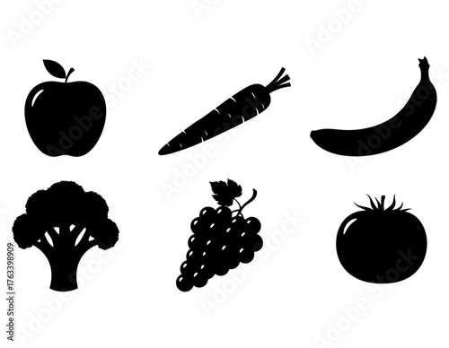 Diverse collection of nutritious produce silhouettes, essential vector graphics for health and dietary concepts and assets
