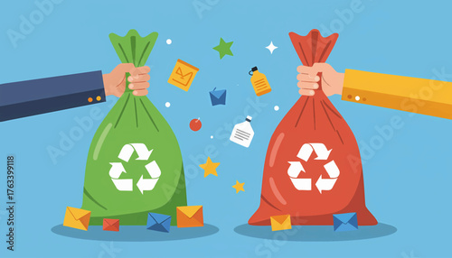 Hands holding recycling garbage bags for waste sorting. Environmental protection and sustainability concept. Flat design vector illustration