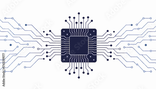 Computer processor chip vector illustration. Technology circuit board with data pathways. Flat design graphic for AI and hardware concepts