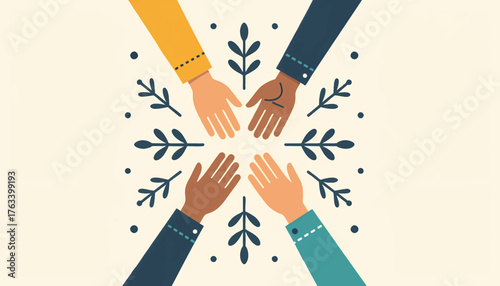 Diverse hands symbolizing unity and community. Flat design vector illustration of collaboration and support. Winter holiday snowflake concept