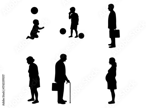 Human Life Cycle Silhouette Stages of Growth, Development, and Aging Illustration in Black and White