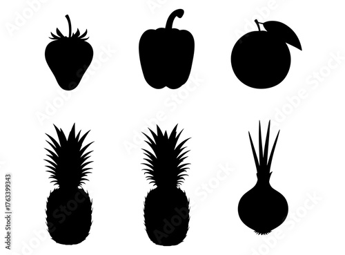 Set of various healthy food silhouettes including fruits and vegetables, perfect for culinary and wellness graphic design