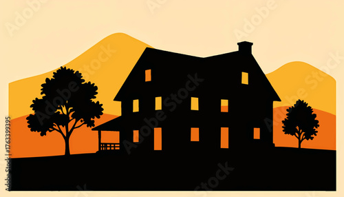 A rural house silhouette against a sunset landscape. Minimalist flat vector illustration. Atmospheric evening scene with glowing windows.