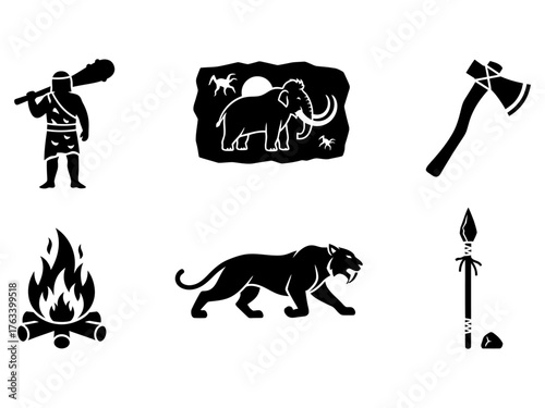 Prehistoric Era Icons Caveman, Mammoth, Axe, Bonfire, Saber-Toothed Tiger, Spear - Ancient Times Graphics