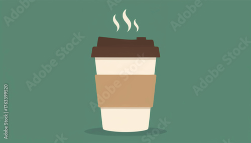 Steaming hot coffee cup to-go vector illustration. Flat design graphic with a retro texture. Takeaway beverage icon for a cafe menu