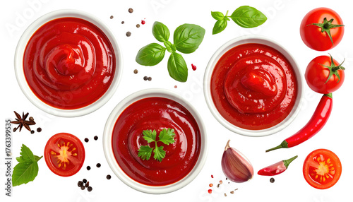 Overhead shot 3 bowls filled with vibrant red tomato sauce with basil, pepper, garlic & halved tomatoes