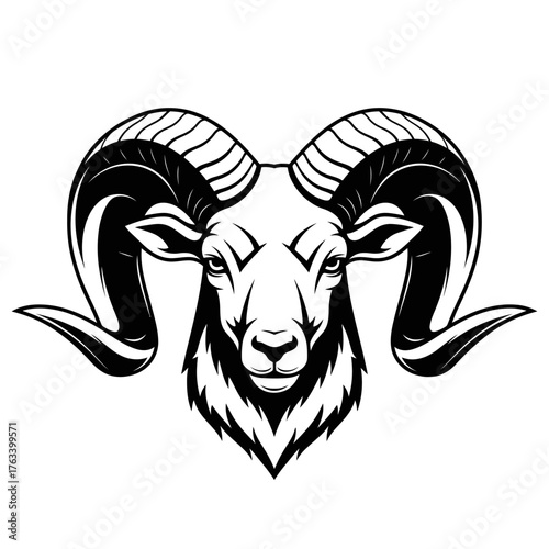 Powerful Ram Head with Majestic Horns in Detailed Black and White Illustration.