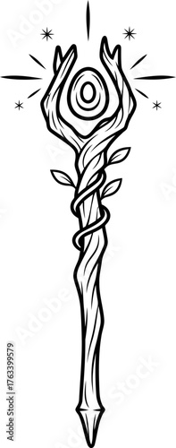 Magic staff with glowing orb and vines. Wizard quest and game item concept. Hand drawn sketch. Vector illustration