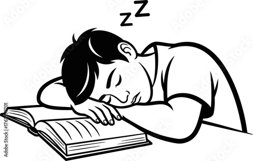A sleeping man cartoon illustration with zzz symbol. Tired student napping on book. Education and rest concept. Vector illustration in comic style for design