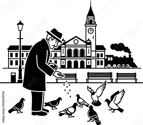 Man in fedora hat feeding pigeons in a city park with buildings and a train. Classic scene. Black and white vector illustration.