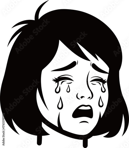 Crying woman in black and white style. Portrait of female face with tears and sad expression. Emotion concept. Vector illustration