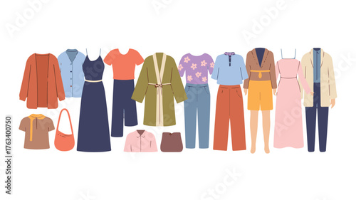 Assortment of Flat Design Casual Women's Clothing and Accessories fashion apparel