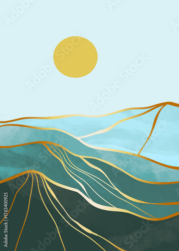 Mountain landscape watercolor painting illustration with golden line art texture. Mountain background for wall art prints, poster Art Decoration, banner