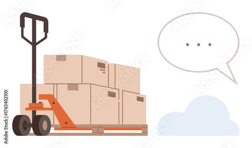 Manual pallet truck carrying stacked cardboard boxes, speech bubble indicating communication. Ideal for logistics, delivery, shipping, warehouse operations, supply chain, teamwork, simple flat