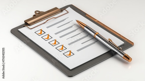 Clipboard holding a checklist with orange checkmarks and a metal pen