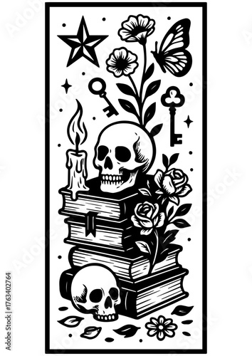 Black and white vector bookmark with skull, candles and roses on books, gothic dark romance style, laser engrave, for book lovers