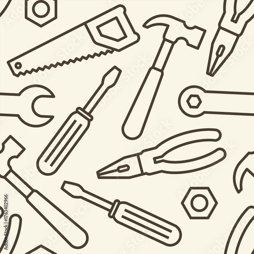 Tools seamless pattern. Hammer, saw, screwdriver, pliers and wrench.