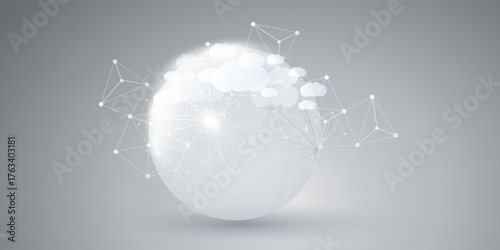 Grey and White Cloud Computing Design Concept with Simple Solid Globe and Clouds - Digital Polygonal Network Connections, Technology Background, Minimalist Vector Template