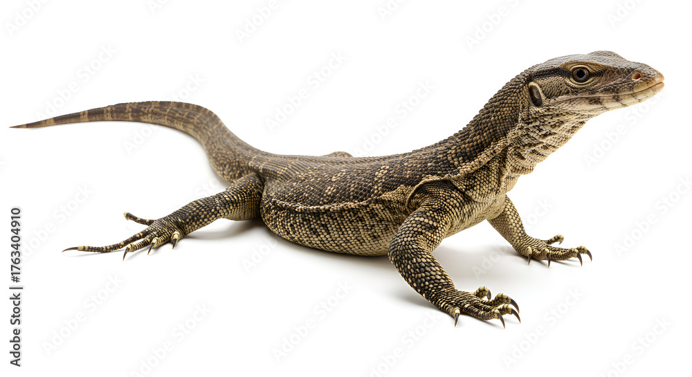 Fototapeta premium A large monitor lizard sticks out its tongue against a clean white background, showing detailed scales and a fierce expression.