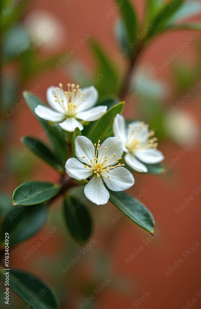 Fototapeta premium Close up photo of delicate white flowers blooming. Beautiful blossoms on green leaves and stems. Floral arrangement on a blurred background. Plant life in detail.