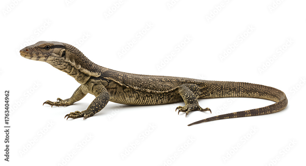 Fototapeta premium A large monitor lizard sticks out its tongue against a clean white background, showing detailed scales and a fierce expression.