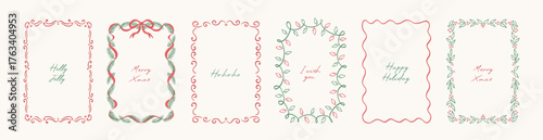 Set of vintage doodle hand drawn Xmas borders with branches Christmas tree, whimiscal lines, decorative patterns, mistletoe, lights garland. Trendy holiday frames for poster, card, invitation.