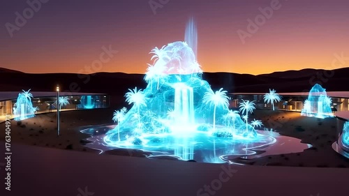 Spectacular Illuminated Fountain Display at Dusk.