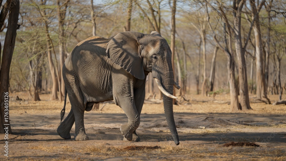Fototapeta premium Majestic African Elephant Walking Through Dry Savanna In Arid Environment