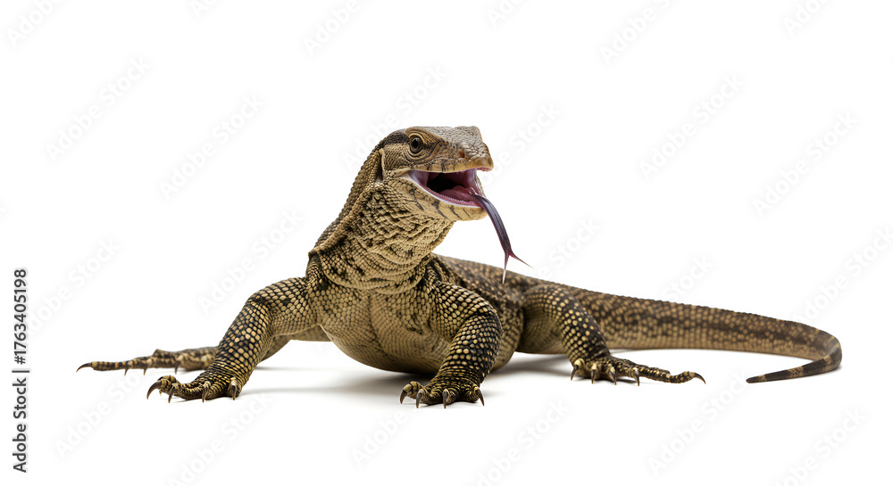 Fototapeta premium A large monitor lizard sticks out its tongue against a clean white background, showing detailed scales and a fierce expression.