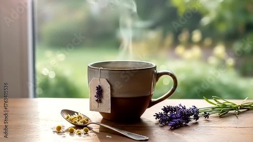Steaming Cup of Herbal Tea with Lavender and Chamomile on a Wooden Table.