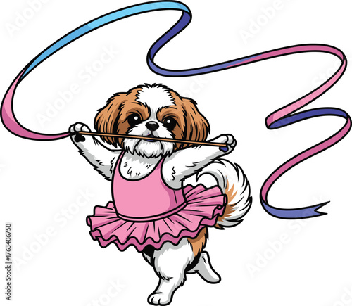 Shih Tzu ballerina illustration, cartoon dog in pink tutu with ribbon, funny pet artwork, whimsical dance design, vector performance background