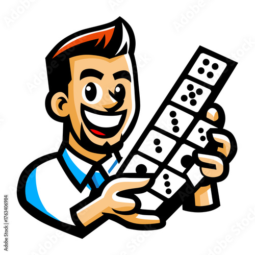 Smiling Man Presenting Domino Game Tiles